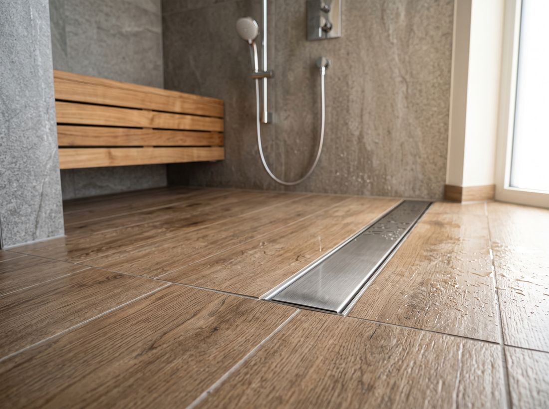 Curbless shower entry with a linear drain and teak bench