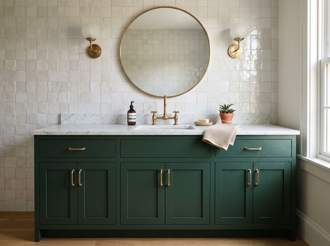 Green painted vanity with marble top and brass faucet